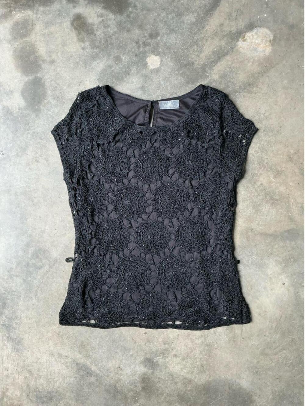 Wallis Y2K Black Crochet Beaded Lace Knit Top | Boho Open Knit Festival Shirt